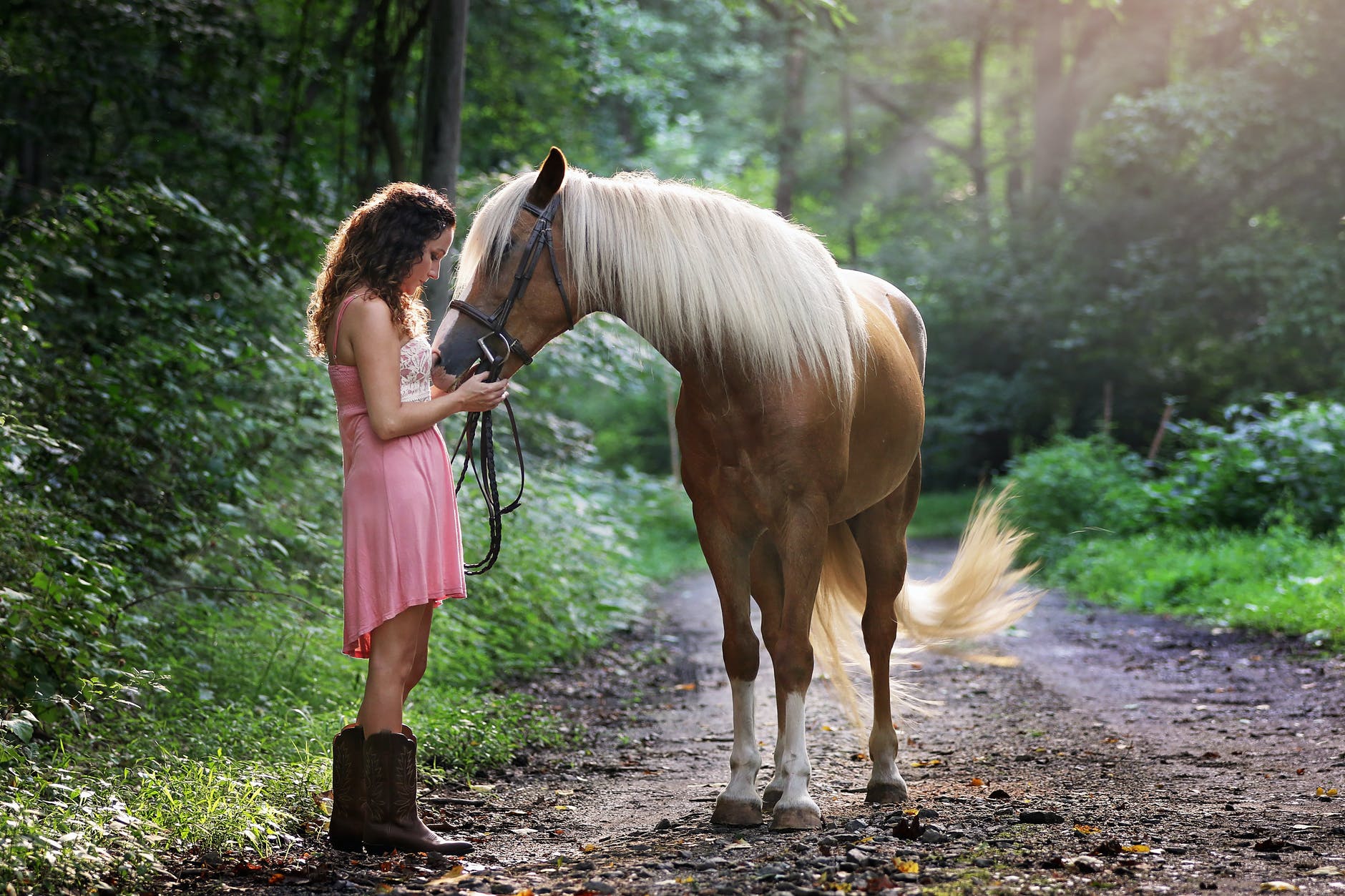 woman wearing pink dress standing next to brown horse