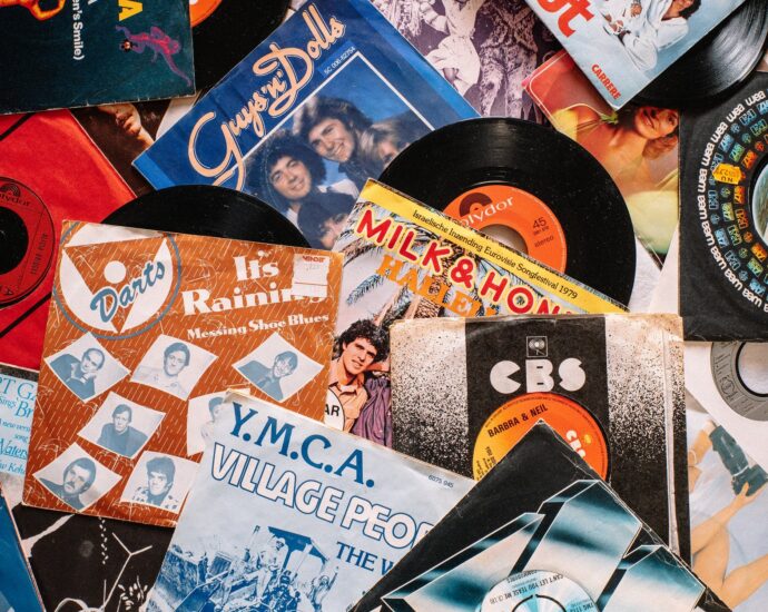 set of retro vinyl records on table