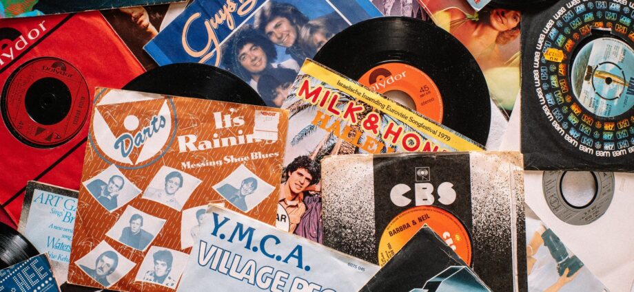 set of retro vinyl records on table