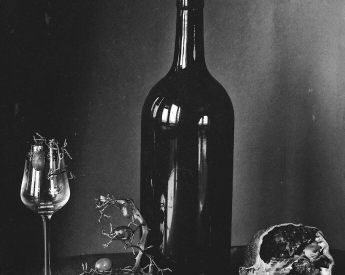 black wine bottle and wine glass beside fruits