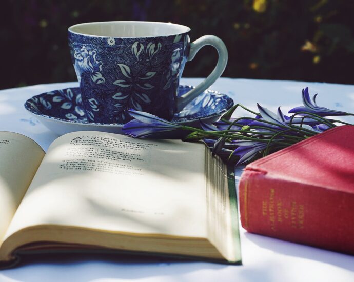 book opened on top of white table beside closed red book and round blue foliage ceramic cup on top of saucer