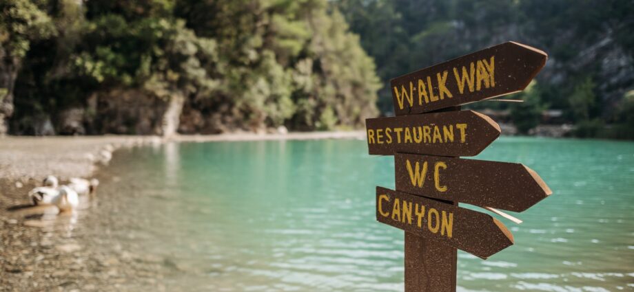 brown wooden signage near body of water