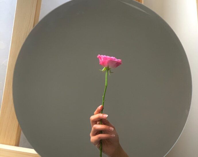 mirror reflecting tender hand with pink rose